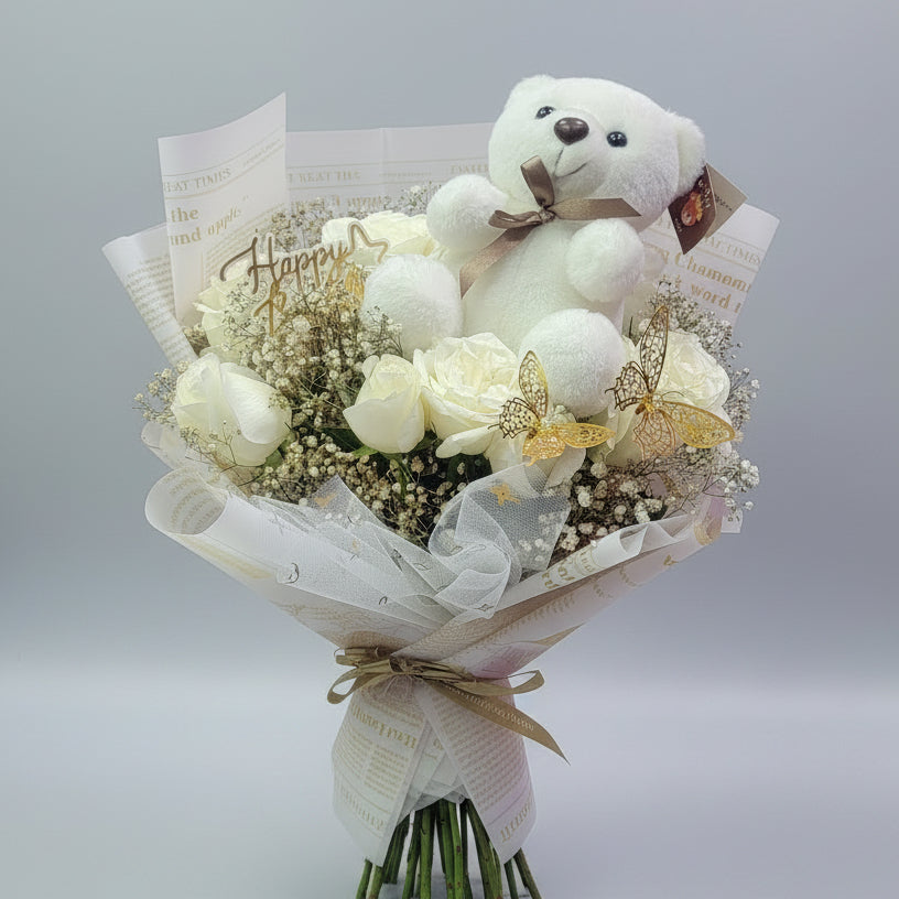 All White Roses & Plushie Bouquet