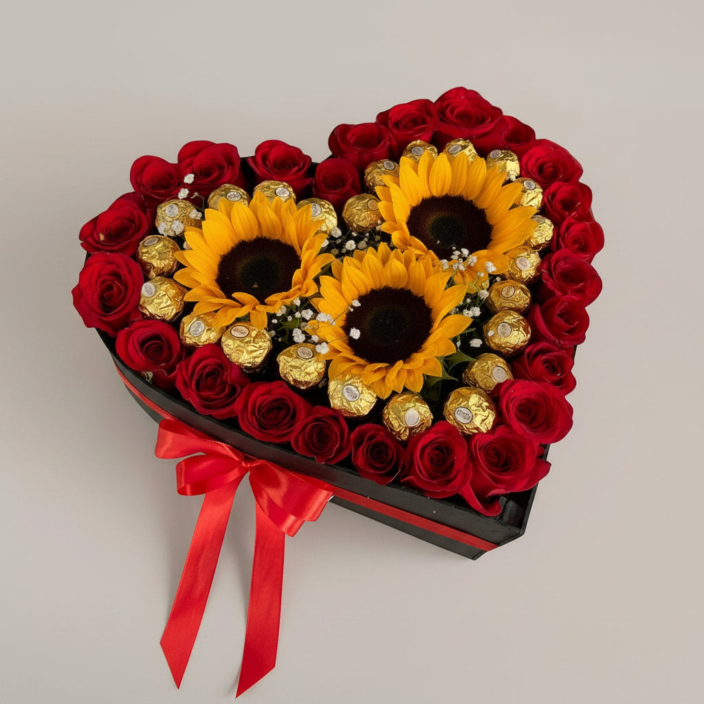 Roses, Sunflowers & Chocolate Heart Box