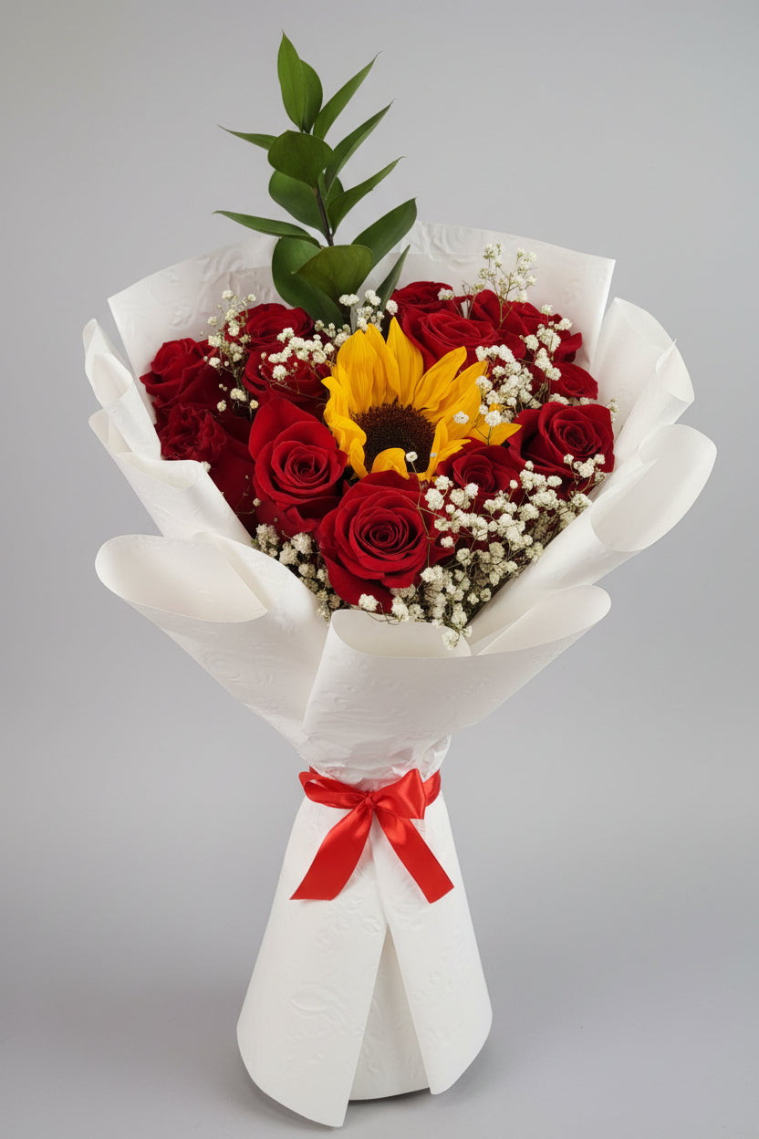 Dozen Red Roses with Center Sunflower