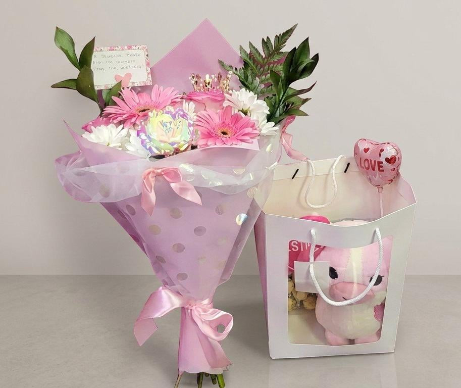 Pink Cow Plushie & Flowers Bundle