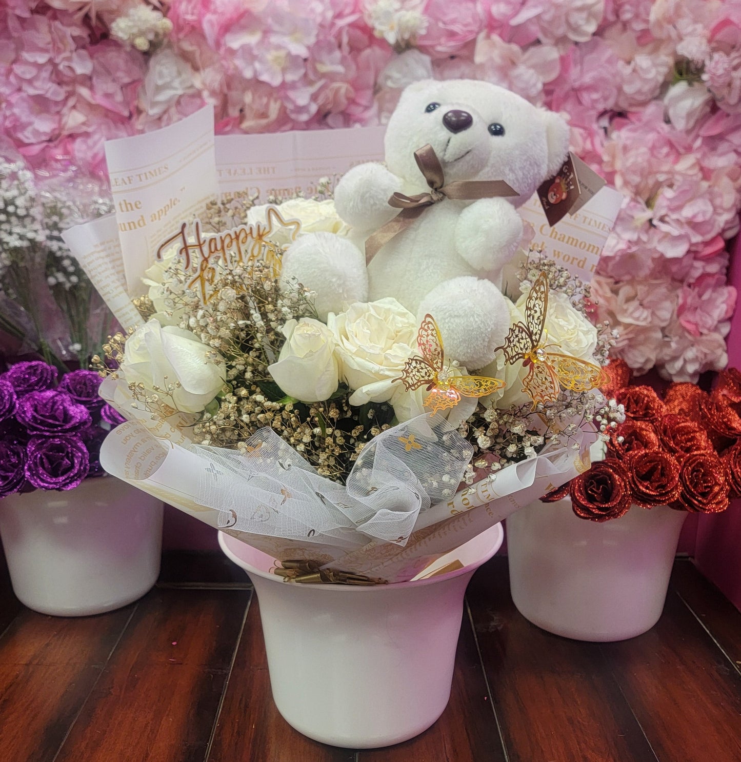 All White Roses & Plushie Bouquet