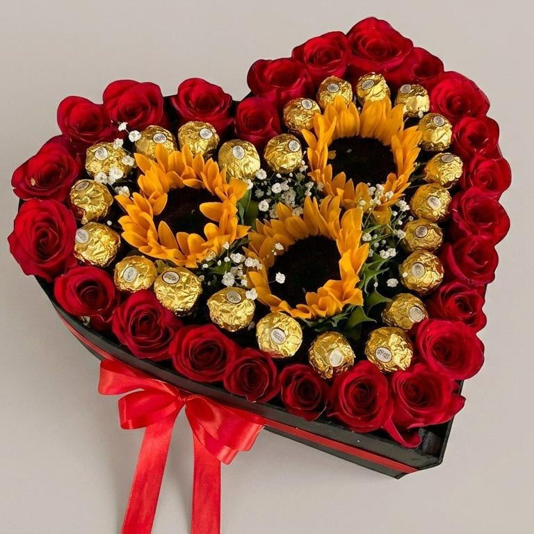 Roses, Sunflowers & Chocolate Heart Box