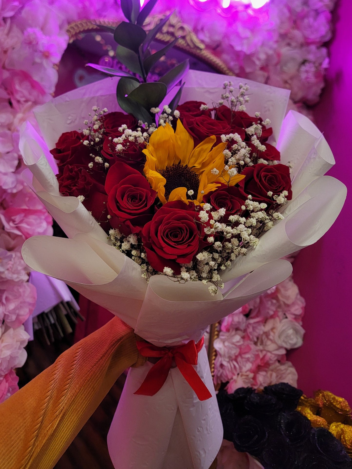 Dozen Red Roses with Center Sunflower